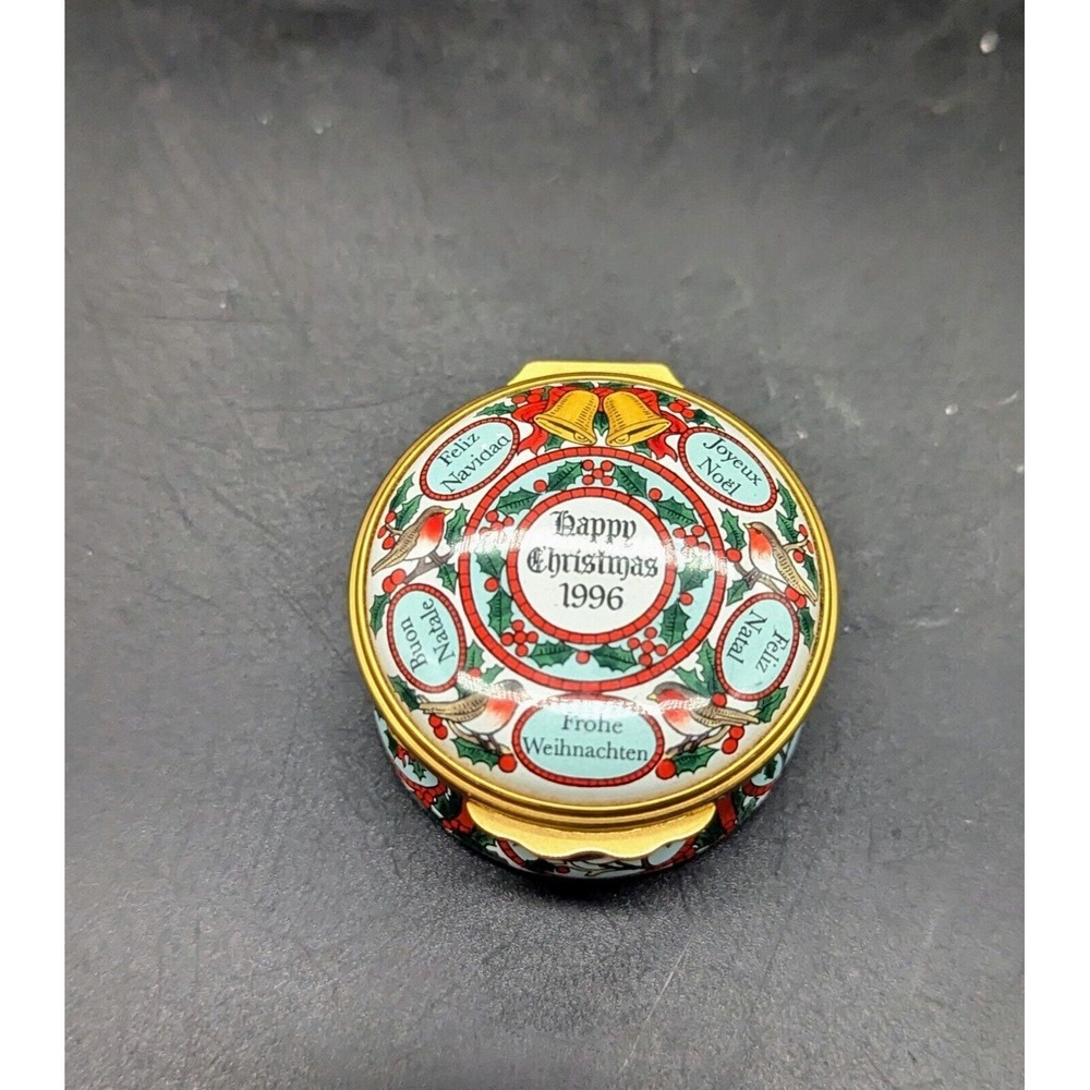 Halcyon Days 1996 Christmas Enamel Trinket Pill Box Bilston & Battersea England